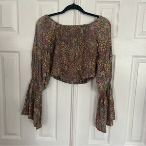 Silk blend bohemian Brown and Orange Smocked Crop Blouse‎ with Bell Sleeves